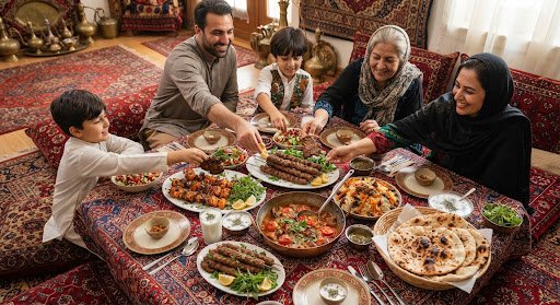 An expansive multi-dish Afghan communal feast set upon an authentic patterned Dastarkhan, featuring platters of grilled chicken tikka kababs, Chapli patties, large copper Karahi with bubbling sauce, fresh warm naans, and bowls of salata, surrounded by hands of happy family members sharing.