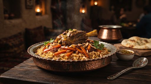 Gourmet Afghan Qabili Palaw centerpiece served in an antique hand-hammered copper dish, topped with tender golden braised lamb shank, caramelized julienned carrots, plump sweet raisins, and roasted slivered almonds, dark rustic background with soft rising steam and warm moody amber lighting.
