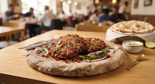 Golden crisp-edged Peshawar style Royal Chapli Kababs garnished with sliced red onion rings, fresh coriander, pomegranate seeds, and a charred whole green chili on handmade sandstone platter.